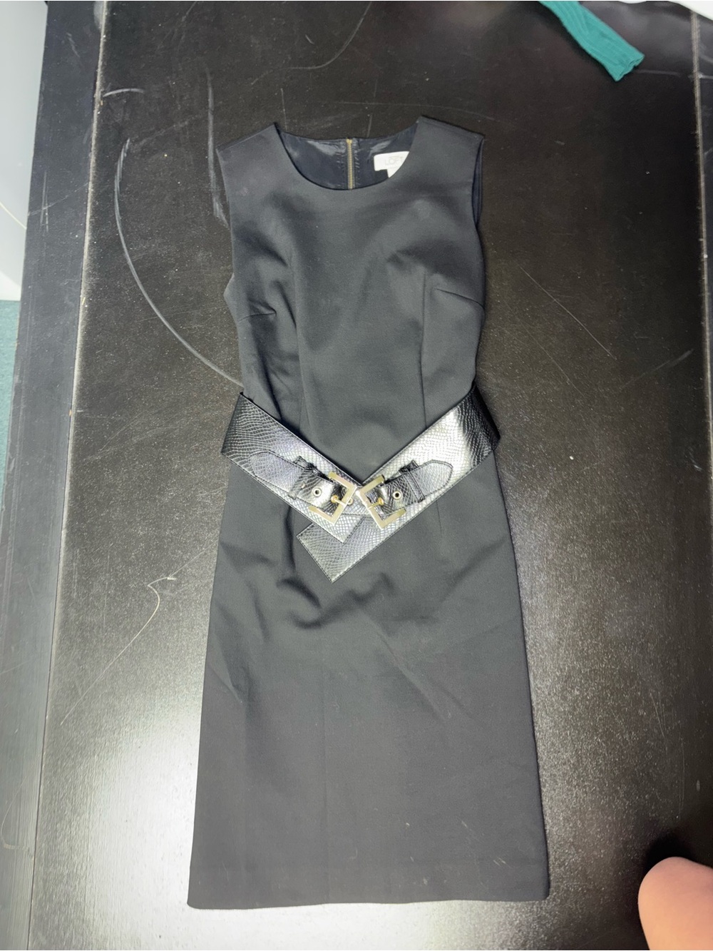 LOFT Black Sleeveless Midi Sheath Dress with Textured Belt